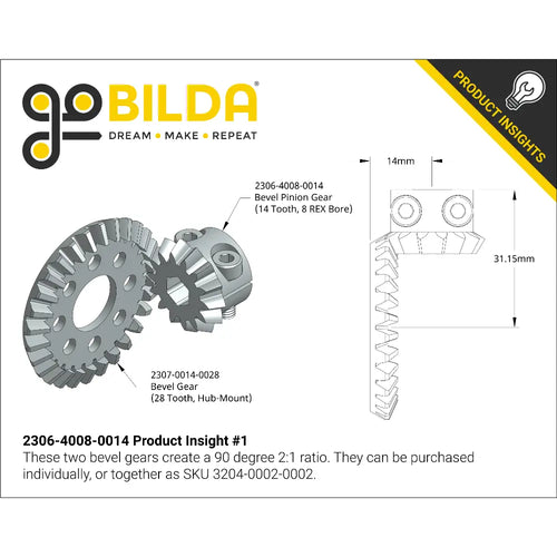ServoCity 2306 Series, MOD 1.5, Clamping Pinion Bevel Gear (8mm REX™ Bore, 14 Tooth) ServoCity 2306 Series, MOD 1.5, Clamping Pinion Bevel Gear (8mm REX™ Bore, 14 Tooth)