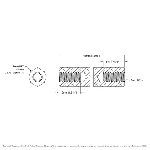 1516 Series 8mm REX™ Standoff (M4 x 0.7mm Threads, 43mm Length) - 4 Pack
