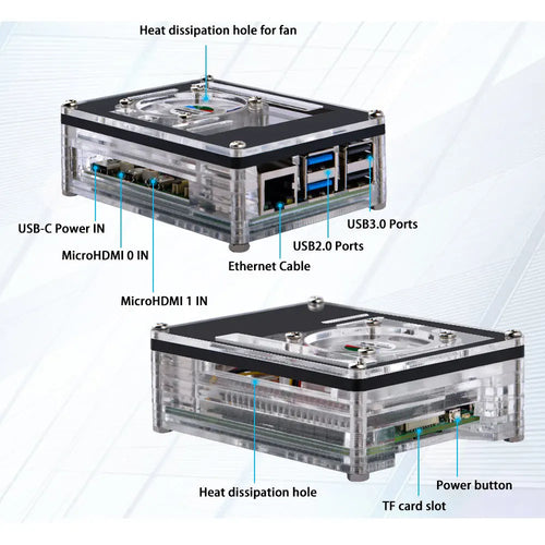 52Pi Acrylic 9-Layer Case w/ 4010 Fan & Heatsink for Raspberry Pi 5 (Transparent)