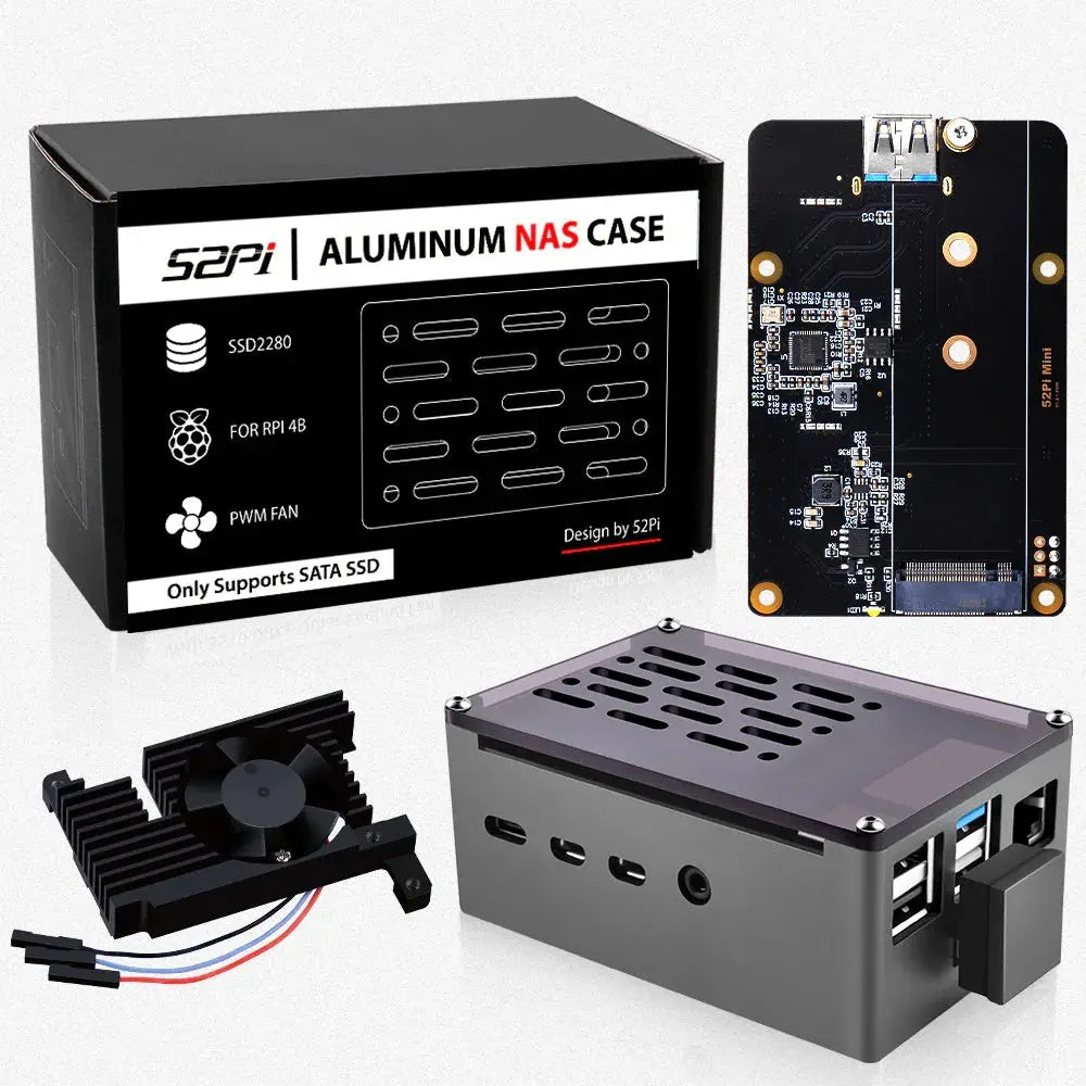 52Pi NAS Case w/ Cooling Fan & M.2 SATA SSD for Raspberry Pi 4B