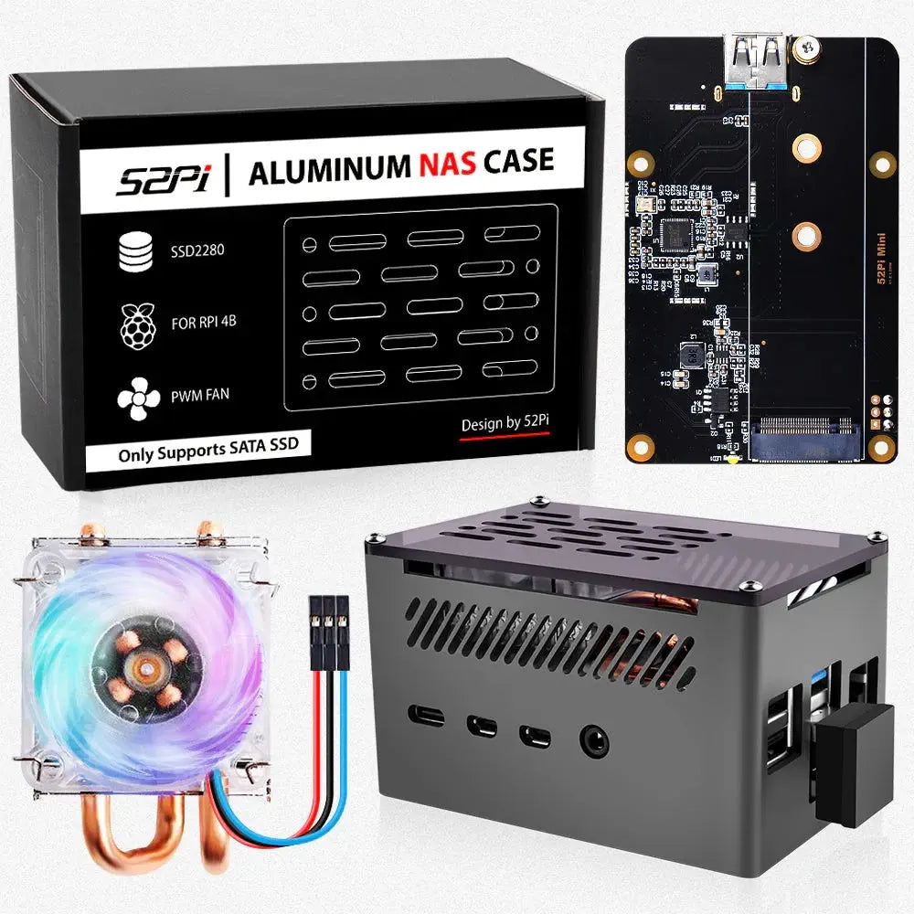 52Pi NAS Case w/ Low-Profile Fan & M.2 Sata SSD for Raspberry Pi 4B