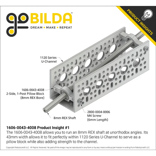 8mm REX™ Bore 2-Side, 1-Post Pillow Block (43mm Width)