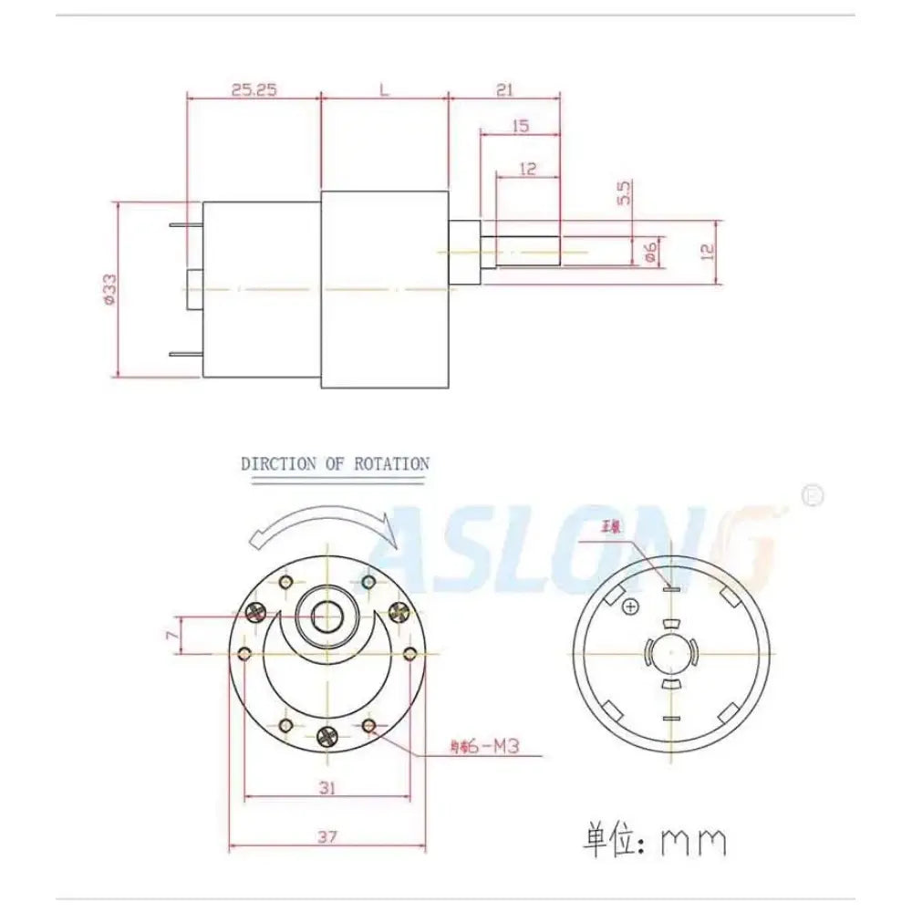 Aslong 37mm Diameter 24V 200RPM 520 Brushed DC Gear Motor