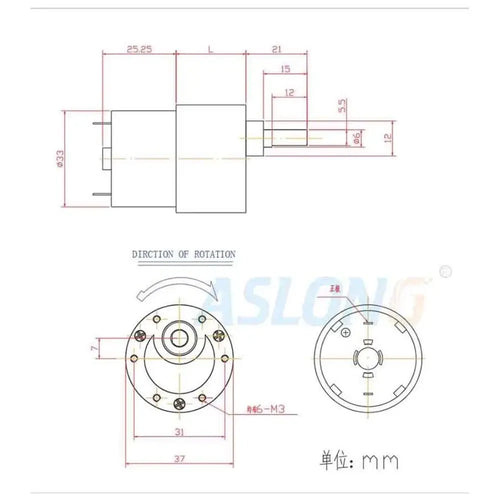 Aslong 37mm Diameter 24V 200RPM 520 Brushed DC Gear Motor