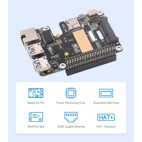 PCIe to minipcie / Gigabit Ethernet / USB 3.2 Gen1 HAT for Raspberry Pi 5, Supports minipcie Interface 4G Module, High-Speed Networking, Raspberry Pi 5 HAT