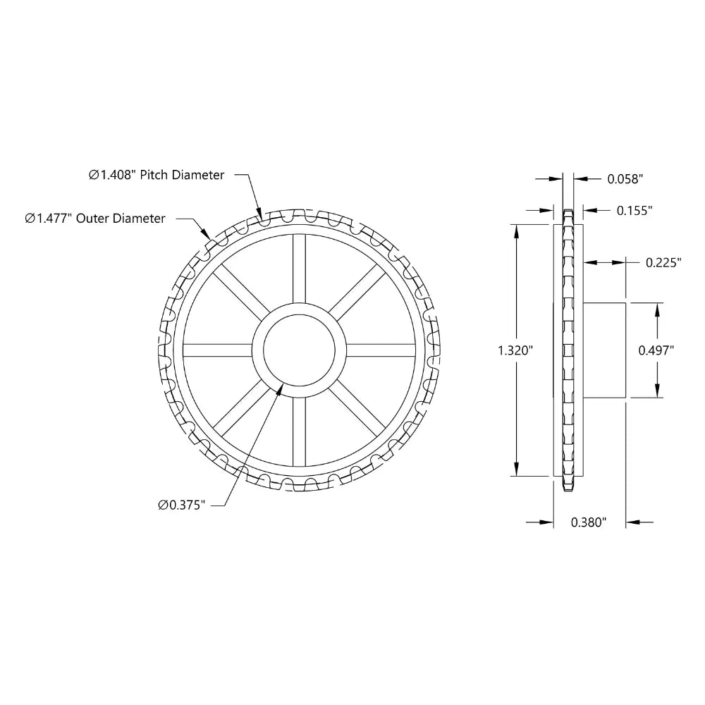 ServoCity 36 Tooth Press Fit Sprocket (0.1227" Pitch, 0.375" Bore)