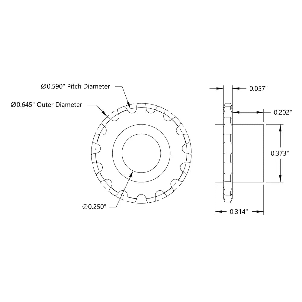 ServoCity 15 Tooth Press Fit Sprocket (0.1227" Pitch, 0.250" Bore)