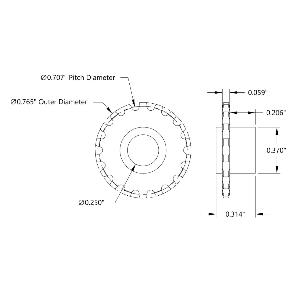 ServoCity 18 Tooth Press Fit Sprocket (0.1227" Pitch, 0.250" Bore)