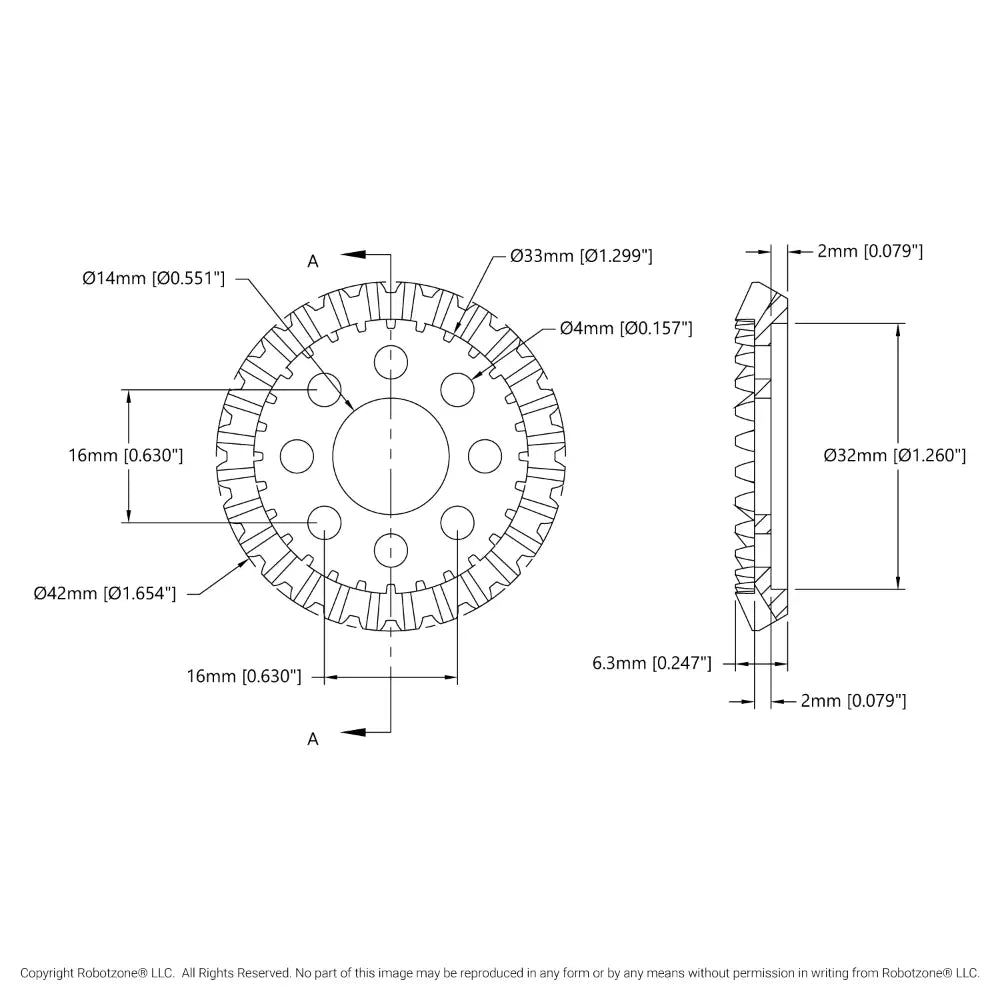ServoCity 2307 Series, MOD 1.5, Hub Mount Bevel Gear (14mm Bore, 28 Tooth)