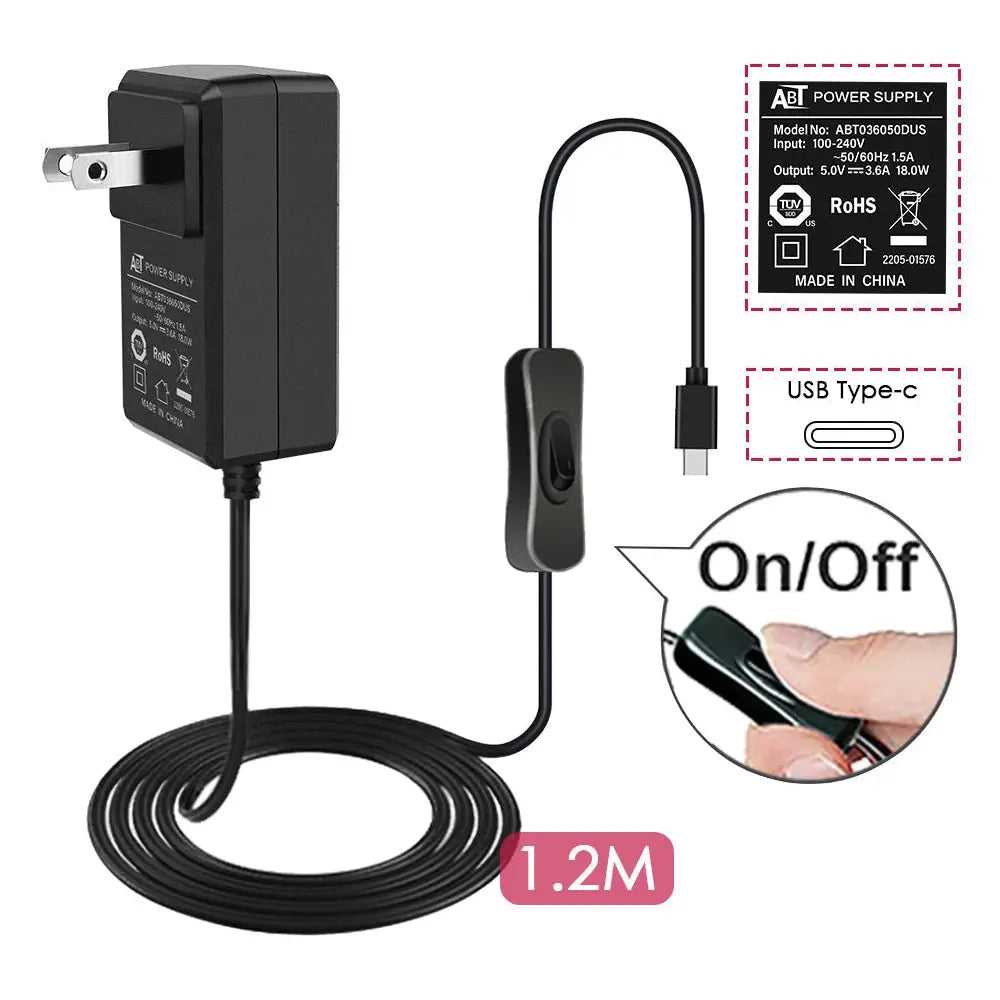 52Pi 5V 3.6A US Plug Power Supply Adapter w/ Switch-on/off Cable