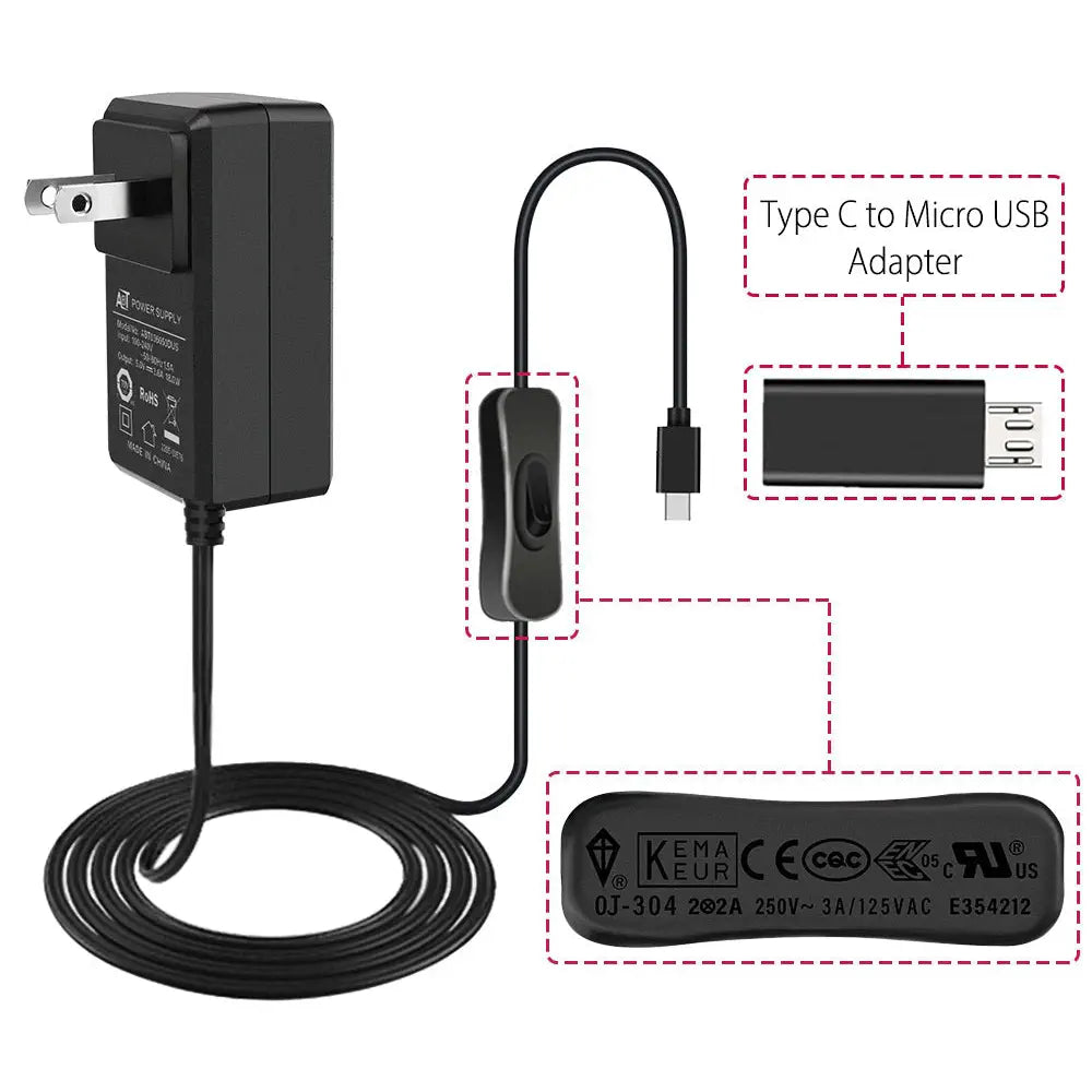 52Pi 5V 3.6A US Plug Power Supply Adapter w/ Switch-on/off Cable