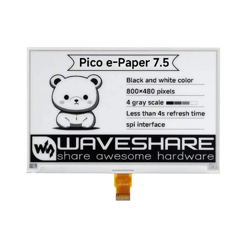 Waveshare 7.5" E-Paper E-Ink Display Module for Raspberry Pi Pico, 800×480, Black/White, SPI