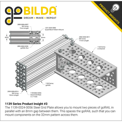 ServoCity 1139 Series Steel Grid Plates (3 x 7 Hole, 24 x 56mm) - 2 Pack