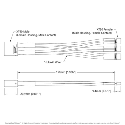 ServoCity (1) XT90 to (3) XT30 Y-Harness (Single FH-MC XT90 to Triple MH-FC XT30) 150mm