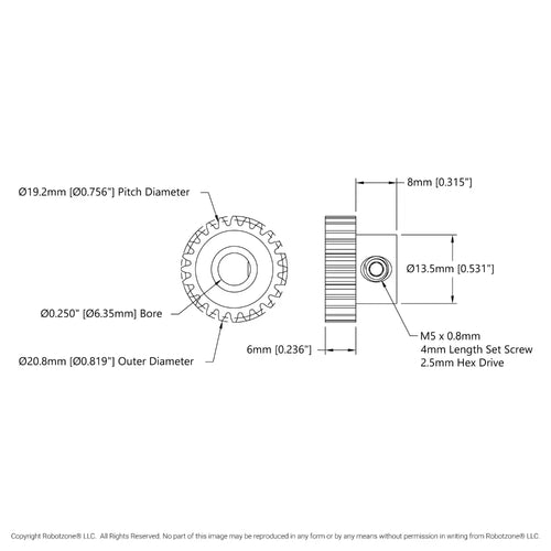 ServoCity 2303 Series, MOD 0.8 Pinion Gear (1/4" Round Bore, 24 Tooth)