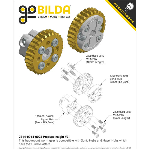 ServoCity 2314 Series Brass, MOD 1.25, Hub Mount Worm Gear (14mm Bore, 28 Tooth)