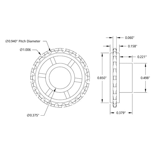 ServoCity 24 Tooth Press Fit Sprocket (0.1227" Pitch, 0.375" Bore)