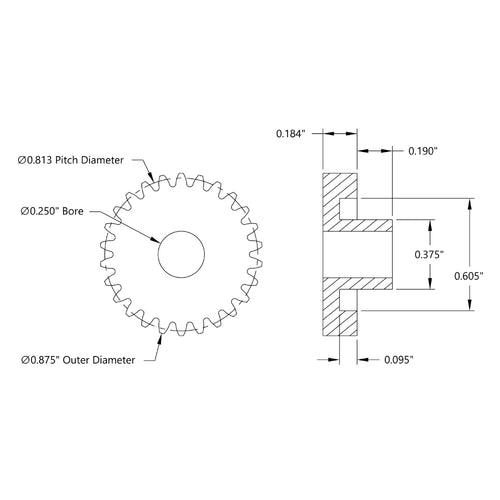 ServoCity 32P, 26T, 0.250" (1/4) Bore, Plain Bore Gear (Delrin)