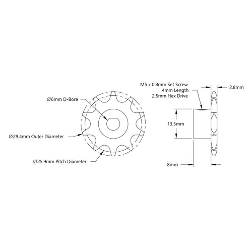 ServoCity 3307 Series 8mm Pitch Steel Set-Screw Sprocket (6mm D-Bore, 10 Tooth)