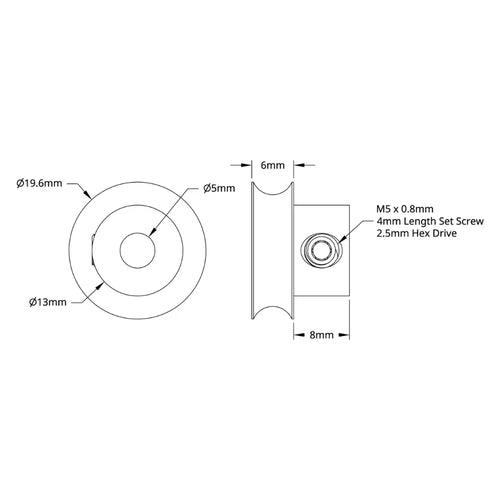 ServoCity 3401 Series Set-Screw Round Belt Pulley (5mm Bore, 16mm PD)