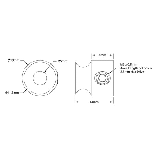 ServoCity 3401 Series Set-Screw Round Belt Pulley (5mm Bore, 8mm PD)