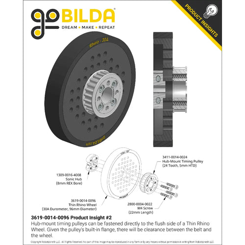 ServoCity 3619 Series Thin Rhino Wheel (14mm Bore, 96mm Diameter, 30A Durometer)