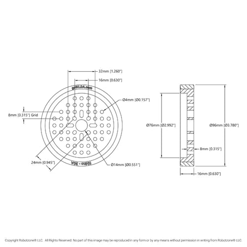 ServoCity 3619 Series Thin Rhino Wheel (14mm Bore, 96mm Diameter, 30A Durometer)