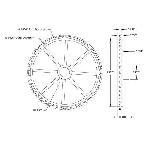 ServoCity 48 Tooth Press Fit Sprocket (0.1227" Pitch, 0.250" Bore)