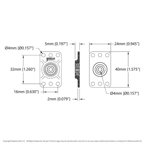 ServoCity 4mm Bore Flat Pillow Block (16mm x 32mm Mounting Pattern) - 2 Pack