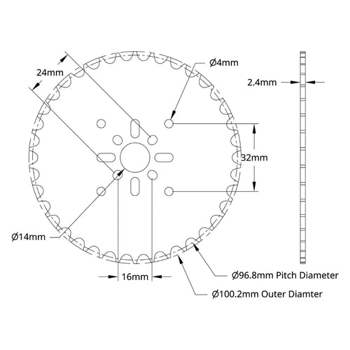 ServoCity 8mm Pitch Acetal Hub-Mount Sprocket (14mm Bore, 38 Tooth)