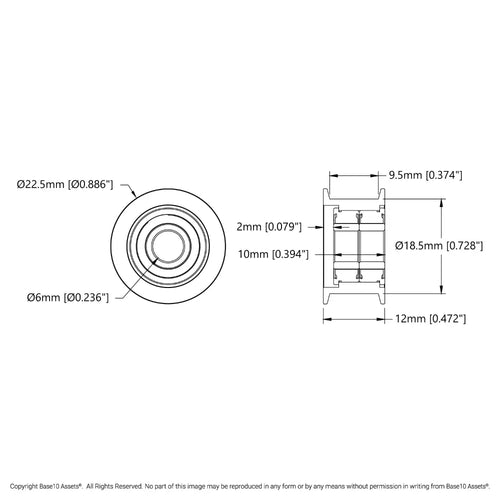 ServoCity Dual-Bearing Timing Belt Idler Pulley (6mm Bore, 18.5mm Diameter, 9.5mm inside Width)