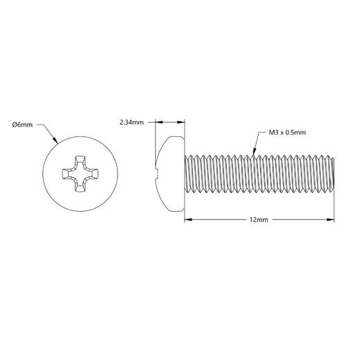 ServoCity M3 x 0.5mm Zinc-Plated Pan Head Screw (12mm Length) - 6 Pack