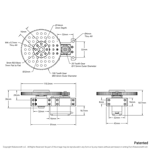 ServoCity Stingray-5 Servo Gearbox (12 rpm, 1750 Oz-in Torque, Continuous Rotation)