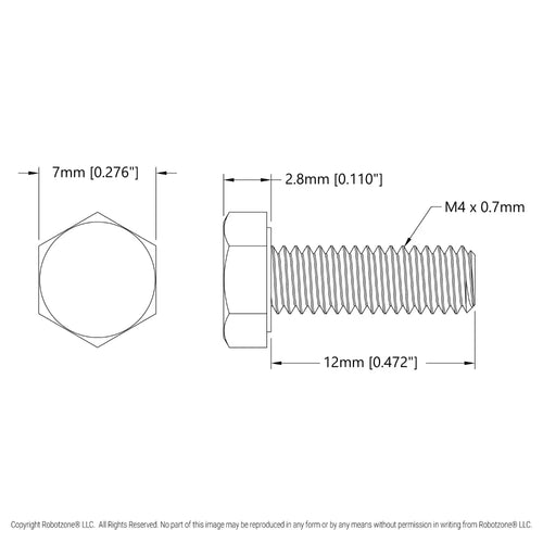 ServoCity Zinc-Plated Steel Hex Head Screw (M4 x 0.7mm, 12mm Length) - 25 Pack
