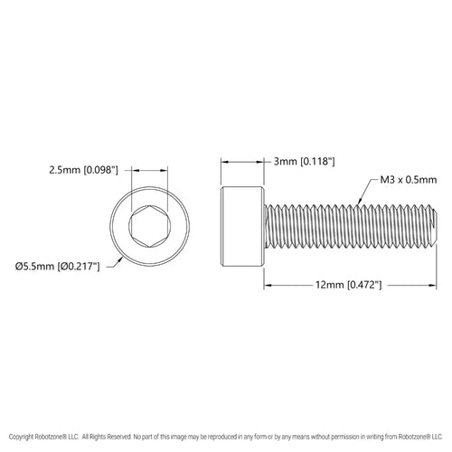 ServoCity Zinc-Plated Steel Socket Head Screw (M3 x 0.5mm, 12mm Length) - 6 Pack