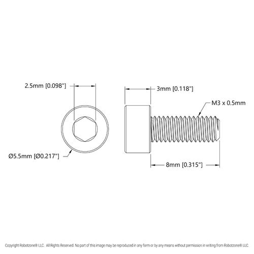 ServoCity Zinc-Plated Steel Socket Head Screw (M3 x 0.5mm, 8mm Length) - 6 Pack