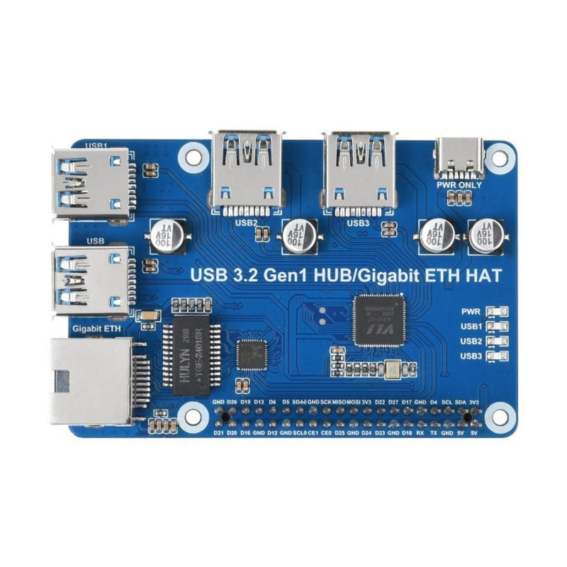USB 3.2 Gen1 & Gigabit Ethernet HUB HAT for Raspberry Pi, 3x USB, 1x ETH